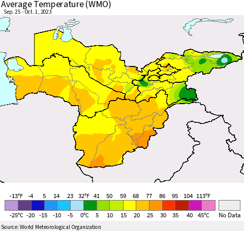Central Asia Average Temperature (WMO) Thematic Map For 9/25/2023 - 10/1/2023