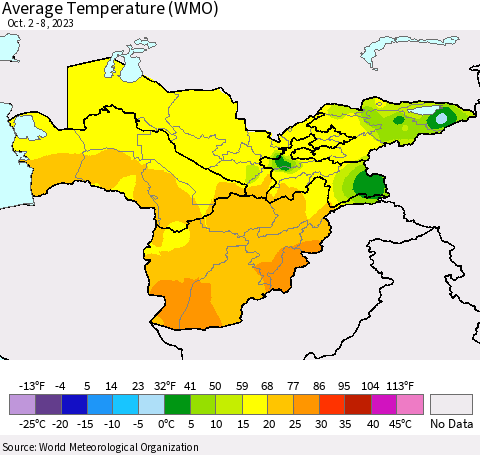 Central Asia Average Temperature (WMO) Thematic Map For 10/2/2023 - 10/8/2023