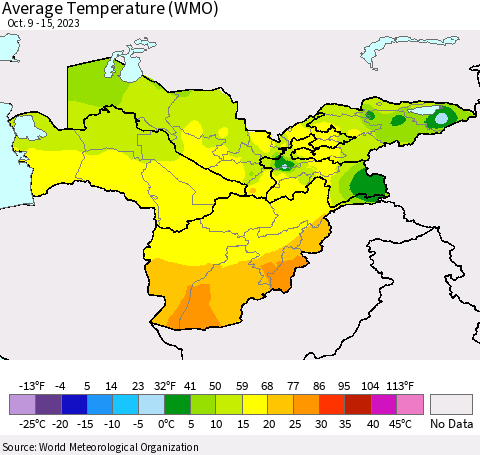 Central Asia Average Temperature (WMO) Thematic Map For 10/9/2023 - 10/15/2023