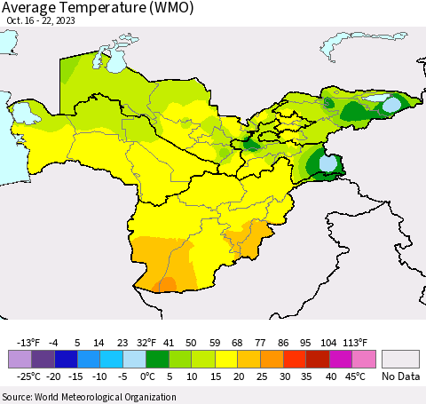 Central Asia Average Temperature (WMO) Thematic Map For 10/16/2023 - 10/22/2023