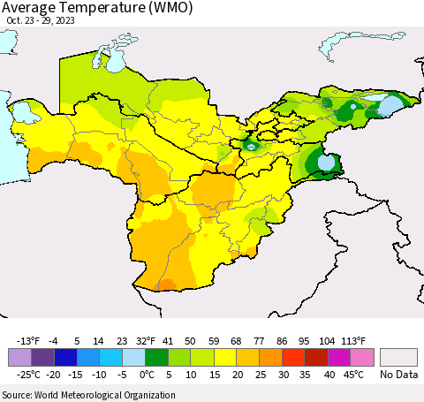 Central Asia Average Temperature (WMO) Thematic Map For 10/23/2023 - 10/29/2023