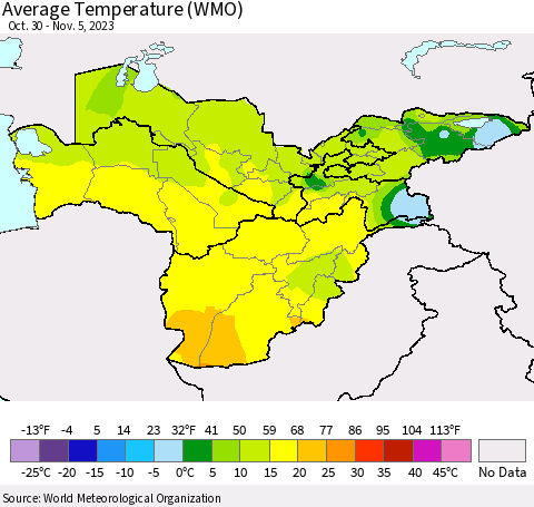 Central Asia Average Temperature (WMO) Thematic Map For 10/30/2023 - 11/5/2023