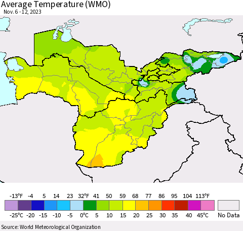 Central Asia Average Temperature (WMO) Thematic Map For 11/6/2023 - 11/12/2023