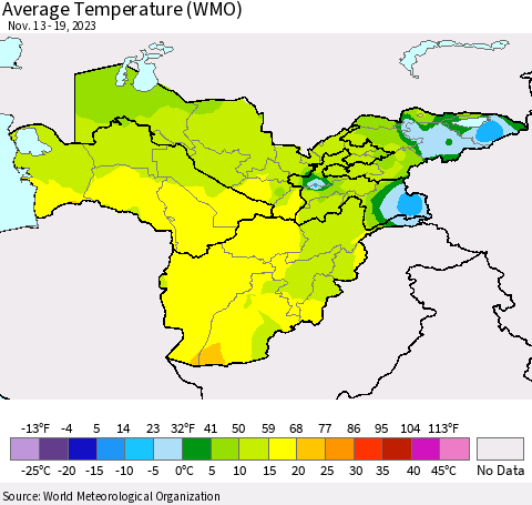 Central Asia Average Temperature (WMO) Thematic Map For 11/13/2023 - 11/19/2023