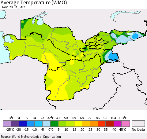 Central Asia Average Temperature (WMO) Thematic Map For 11/20/2023 - 11/26/2023