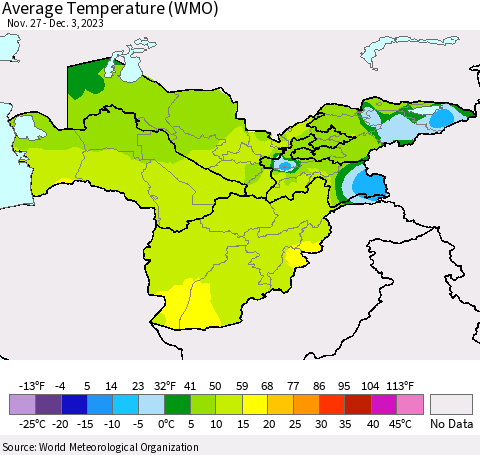 Central Asia Average Temperature (WMO) Thematic Map For 11/27/2023 - 12/3/2023