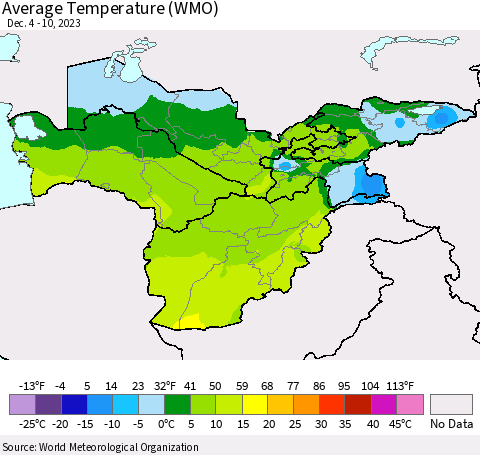 Central Asia Average Temperature (WMO) Thematic Map For 12/4/2023 - 12/10/2023
