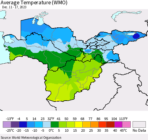 Central Asia Average Temperature (WMO) Thematic Map For 12/11/2023 - 12/17/2023