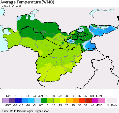 Central Asia Average Temperature (WMO) Thematic Map For 12/18/2023 - 12/24/2023