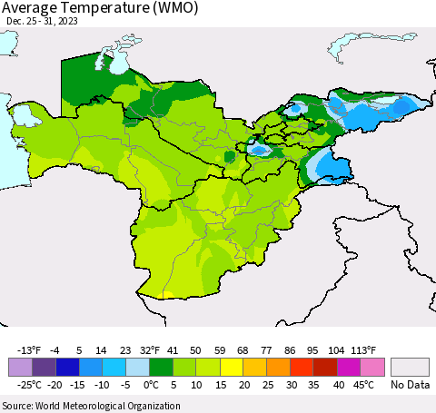 Central Asia Average Temperature (WMO) Thematic Map For 12/25/2023 - 12/31/2023