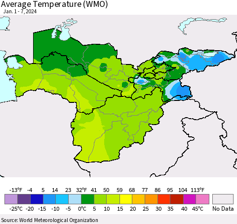 Central Asia Average Temperature (WMO) Thematic Map For 1/1/2024 - 1/7/2024