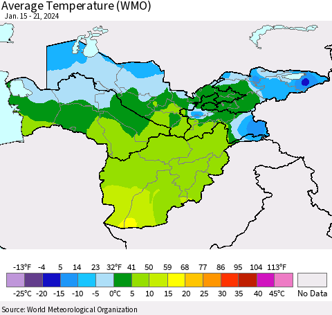 Central Asia Average Temperature (WMO) Thematic Map For 1/15/2024 - 1/21/2024