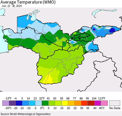 Central Asia Average Temperature (WMO) Thematic Map For 1/22/2024 - 1/28/2024