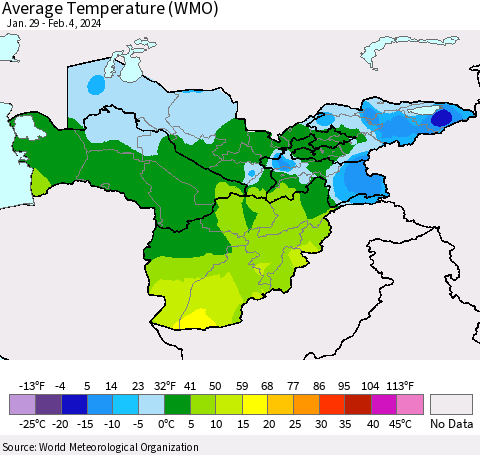 Central Asia Average Temperature (WMO) Thematic Map For 1/29/2024 - 2/4/2024