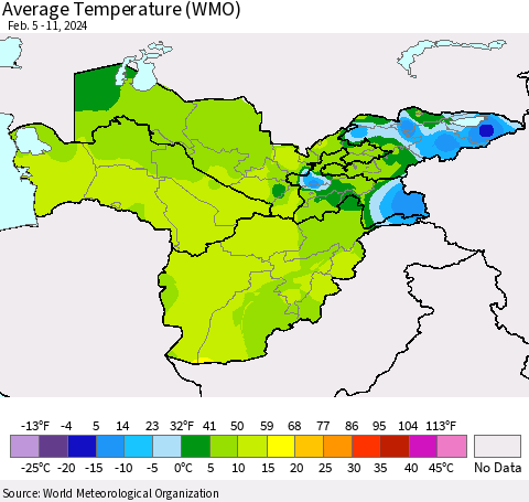 Central Asia Average Temperature (WMO) Thematic Map For 2/5/2024 - 2/11/2024
