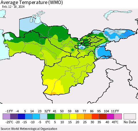 Central Asia Average Temperature (WMO) Thematic Map For 2/12/2024 - 2/18/2024