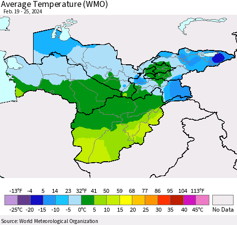 Central Asia Average Temperature (WMO) Thematic Map For 2/19/2024 - 2/25/2024