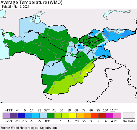 Central Asia Average Temperature (WMO) Thematic Map For 2/26/2024 - 3/3/2024