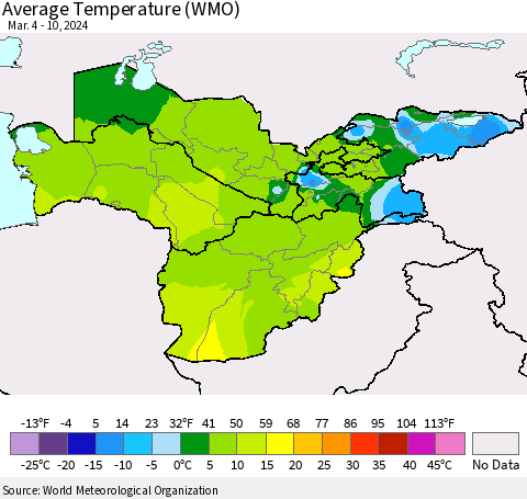 Central Asia Average Temperature (WMO) Thematic Map For 3/4/2024 - 3/10/2024