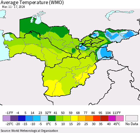 Central Asia Average Temperature (WMO) Thematic Map For 3/11/2024 - 3/17/2024