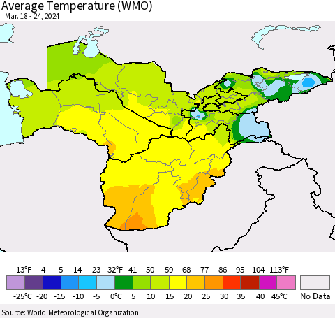 Central Asia Average Temperature (WMO) Thematic Map For 3/18/2024 - 3/24/2024