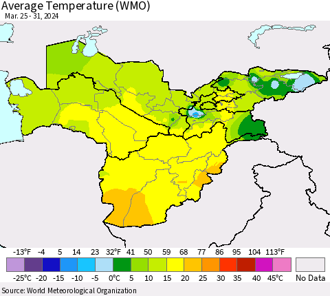 Central Asia Average Temperature (WMO) Thematic Map For 3/25/2024 - 3/31/2024