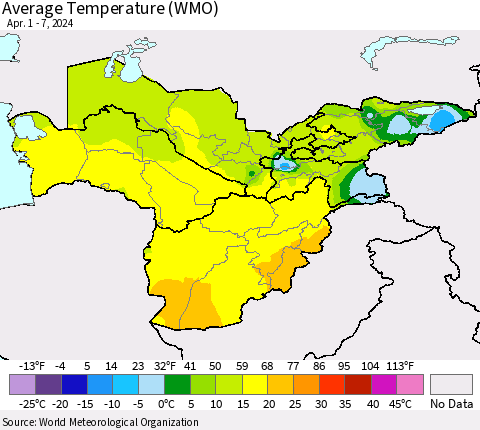 Central Asia Average Temperature (WMO) Thematic Map For 4/1/2024 - 4/7/2024