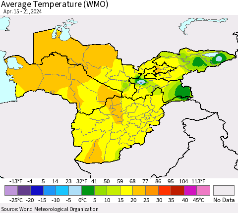Central Asia Average Temperature (WMO) Thematic Map For 4/15/2024 - 4/21/2024