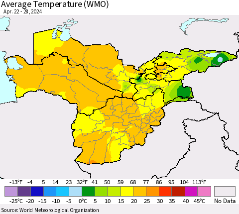 Central Asia Average Temperature (WMO) Thematic Map For 4/22/2024 - 4/28/2024