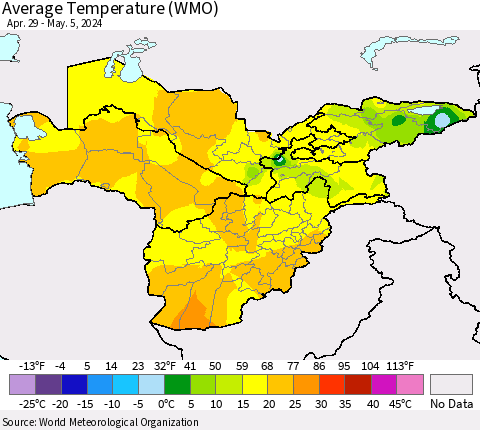 Central Asia Average Temperature (WMO) Thematic Map For 4/29/2024 - 5/5/2024