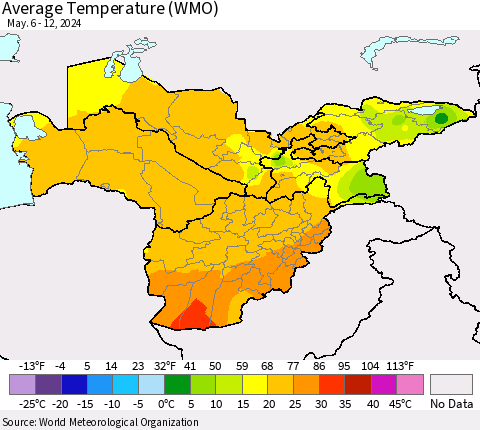 Central Asia Average Temperature (WMO) Thematic Map For 5/6/2024 - 5/12/2024