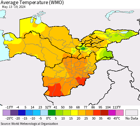 Central Asia Average Temperature (WMO) Thematic Map For 5/13/2024 - 5/19/2024