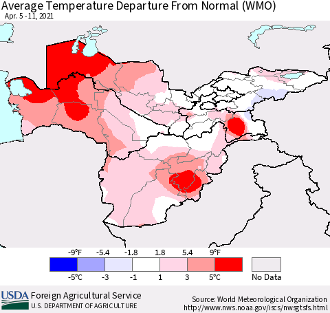 Central Asia Average Temperature Departure from Normal (WMO) Thematic Map For 4/5/2021 - 4/11/2021