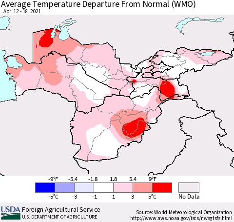 Central Asia Average Temperature Departure from Normal (WMO) Thematic Map For 4/12/2021 - 4/18/2021