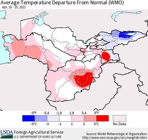 Central Asia Average Temperature Departure from Normal (WMO) Thematic Map For 4/19/2021 - 4/25/2021