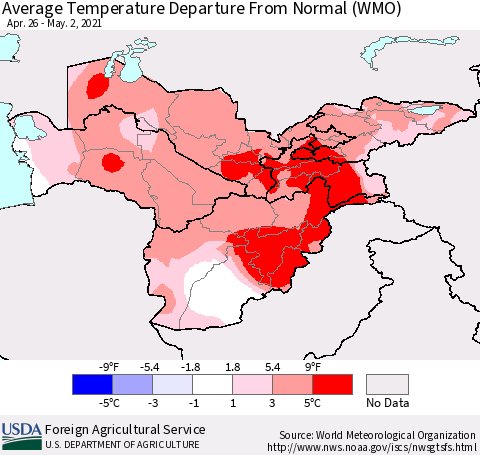 Central Asia Average Temperature Departure from Normal (WMO) Thematic Map For 4/26/2021 - 5/2/2021