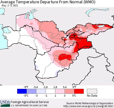 Central Asia Average Temperature Departure from Normal (WMO) Thematic Map For 5/3/2021 - 5/9/2021