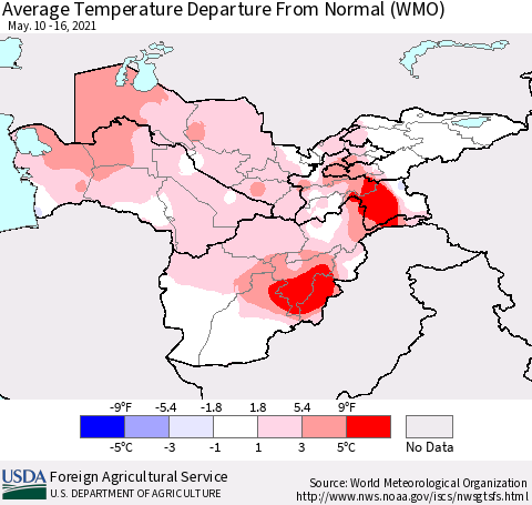 Central Asia Average Temperature Departure from Normal (WMO) Thematic Map For 5/10/2021 - 5/16/2021