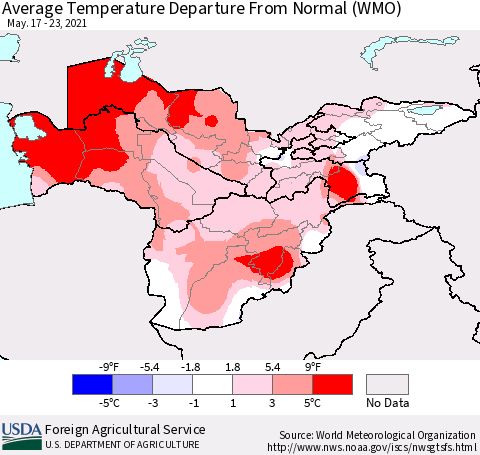 Central Asia Average Temperature Departure from Normal (WMO) Thematic Map For 5/17/2021 - 5/23/2021