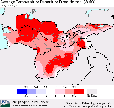 Central Asia Average Temperature Departure from Normal (WMO) Thematic Map For 5/24/2021 - 5/30/2021