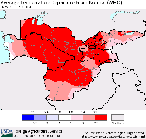 Central Asia Average Temperature Departure from Normal (WMO) Thematic Map For 5/31/2021 - 6/6/2021