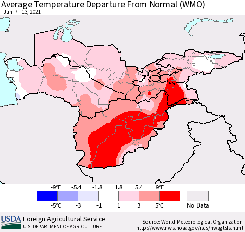 Central Asia Average Temperature Departure from Normal (WMO) Thematic Map For 6/7/2021 - 6/13/2021