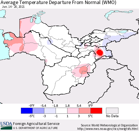 Central Asia Average Temperature Departure from Normal (WMO) Thematic Map For 6/14/2021 - 6/20/2021