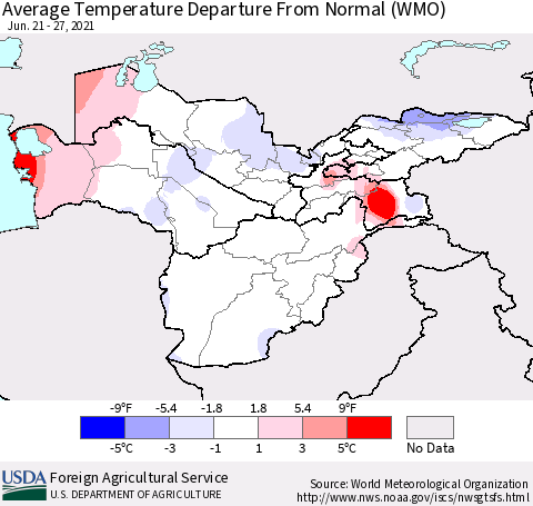 Central Asia Average Temperature Departure from Normal (WMO) Thematic Map For 6/21/2021 - 6/27/2021