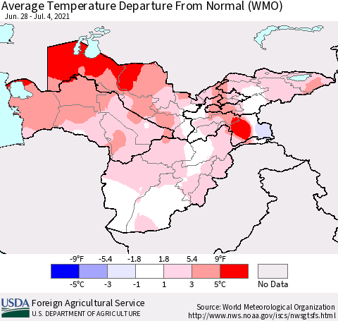 Central Asia Average Temperature Departure from Normal (WMO) Thematic Map For 6/28/2021 - 7/4/2021