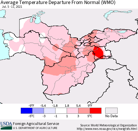 Central Asia Average Temperature Departure from Normal (WMO) Thematic Map For 7/5/2021 - 7/11/2021