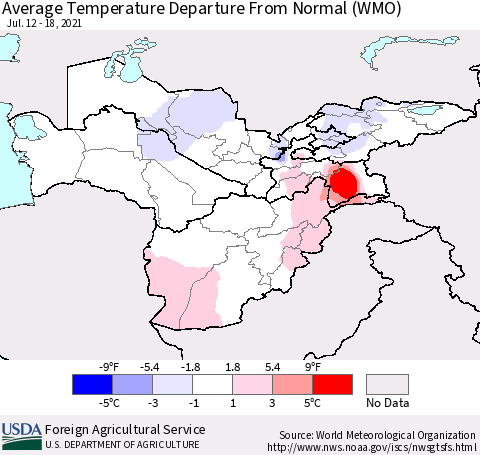 Central Asia Average Temperature Departure from Normal (WMO) Thematic Map For 7/12/2021 - 7/18/2021