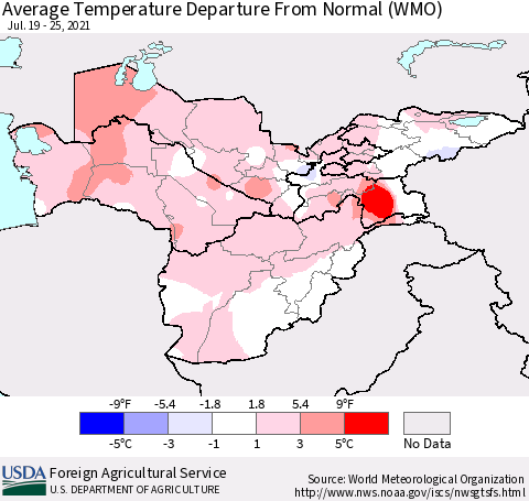 Central Asia Average Temperature Departure from Normal (WMO) Thematic Map For 7/19/2021 - 7/25/2021