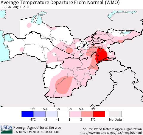 Central Asia Average Temperature Departure from Normal (WMO) Thematic Map For 7/26/2021 - 8/1/2021