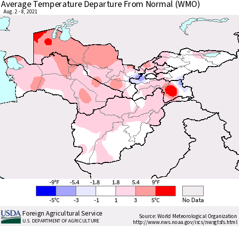Central Asia Average Temperature Departure from Normal (WMO) Thematic Map For 8/2/2021 - 8/8/2021